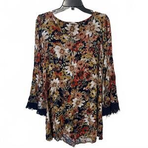 2Love Floral Pattern Long Sleeve Boho Chic Tunic Lace Cuffs Women's Size Large